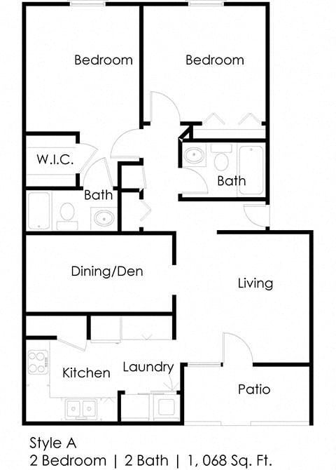 Floor plan for 2 beds, 2 baths, 1068 sqft